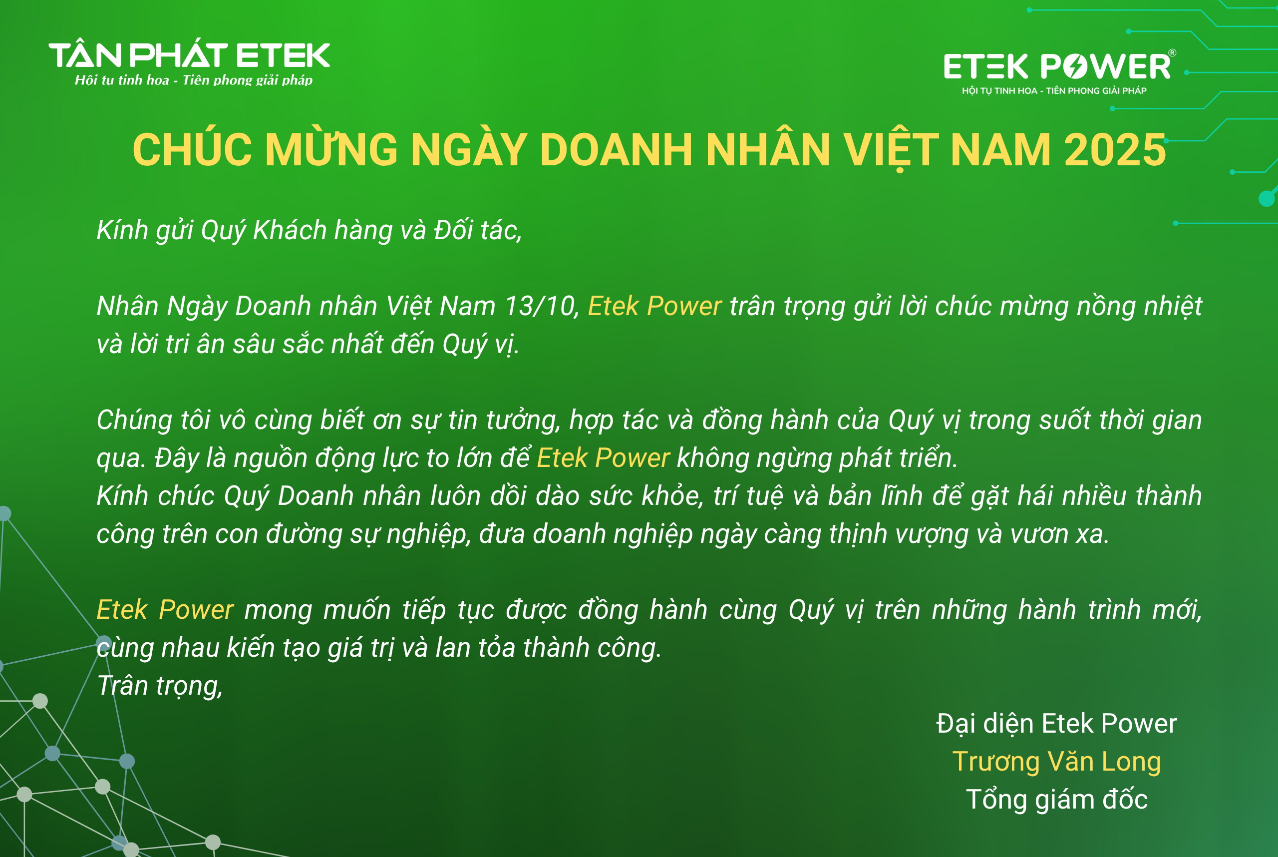 Etek Power Trân Trọng Gửi Lời Chúc Mừng Ngày Doanh Nhân Việt Nam