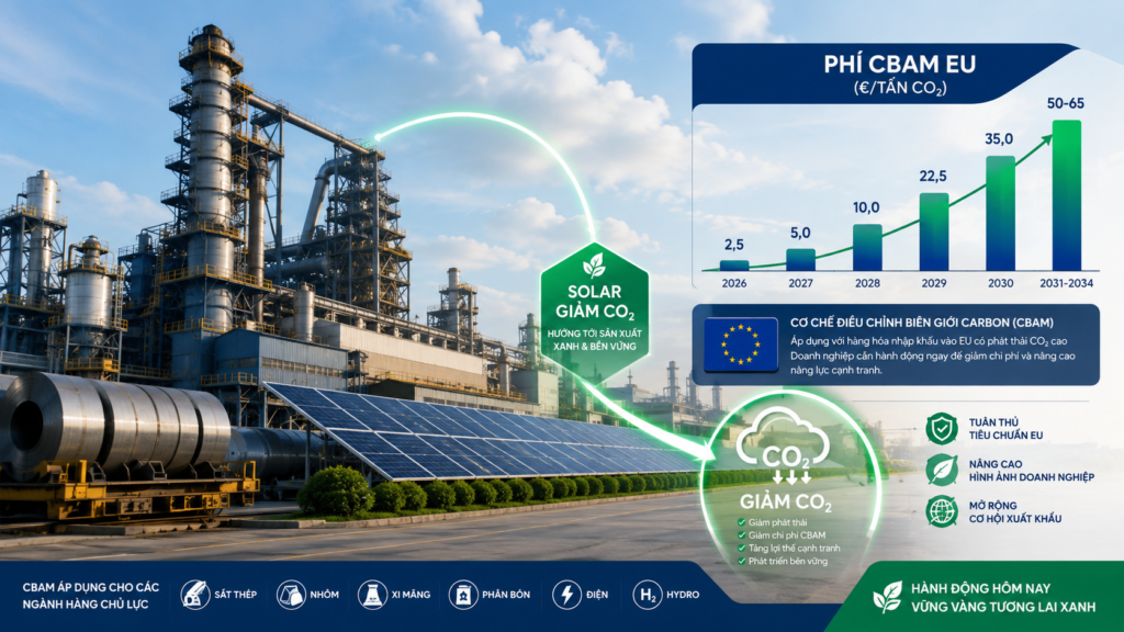 Cơ chế CBAM 2026 áp dụng cho nhà máy thép, nhôm, xi măng xuất khẩu EU – tính phí carbon và vai trò điện mặt trời giảm nghĩa vụ CBAM