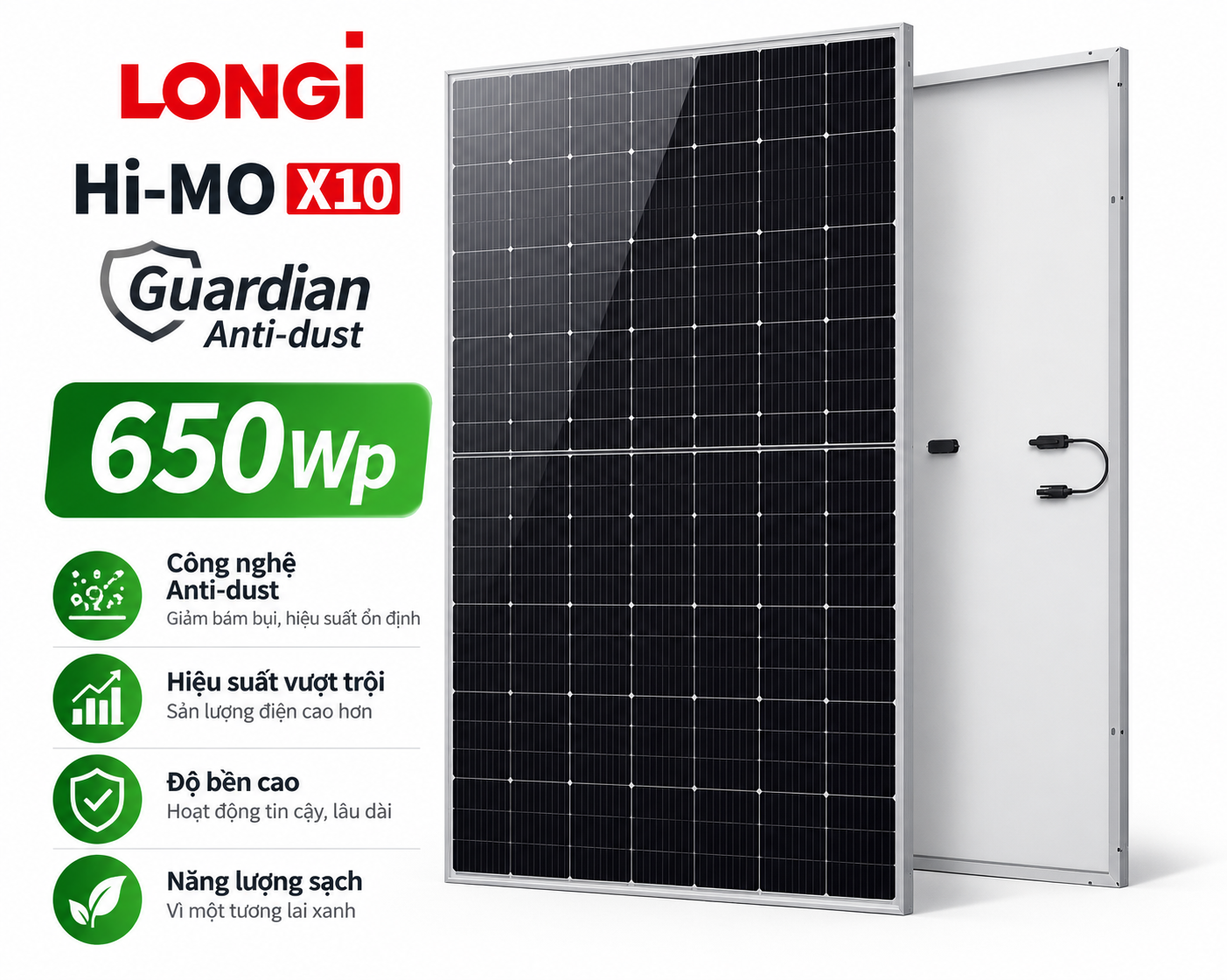 Tấm pin LONGi Solar Hi-MO X10 Guardian Anti-Dust LR7-72HVHF 650Wp – phân phối chính hãng tại Etek PowerTấm pin LONGi Solar Hi-MO X10 Guardian Anti-Dust LR7-72HVHF 650Wp – phân phối chính hãng tại Etek Power