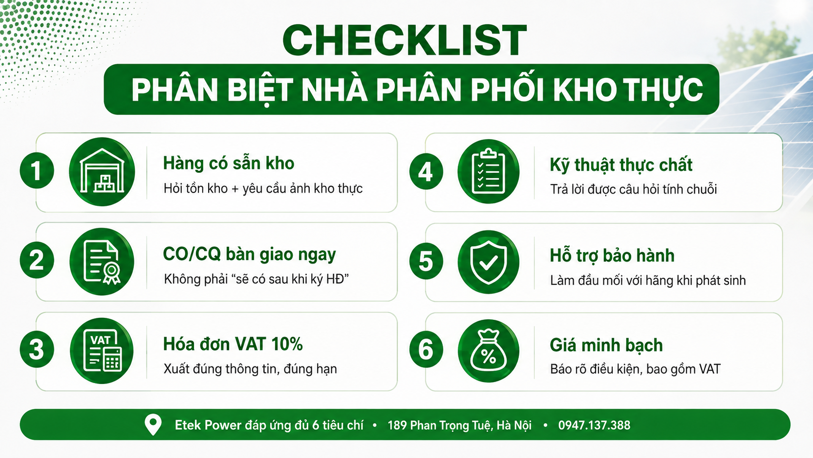 Infographic 6 tiêu chí chọn nhà phân phối tấm pin solar tại Hà Nội: hàng sẵn kho, CO/CQ bàn giao ngay, hóa đơn VAT, kỹ thuật thực chất, hỗ trợ bảo hành, giá minh bạch