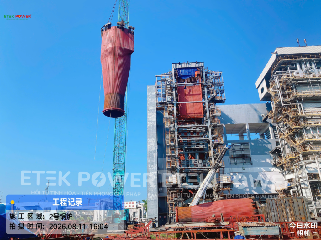 Cẩu lắp đặt cyclone lò hơi tầng sôi tuần hoàn CFB 90 tấn/giờ tại dự án Năng Lượng Hải Hà Việt Nam – Etek Power