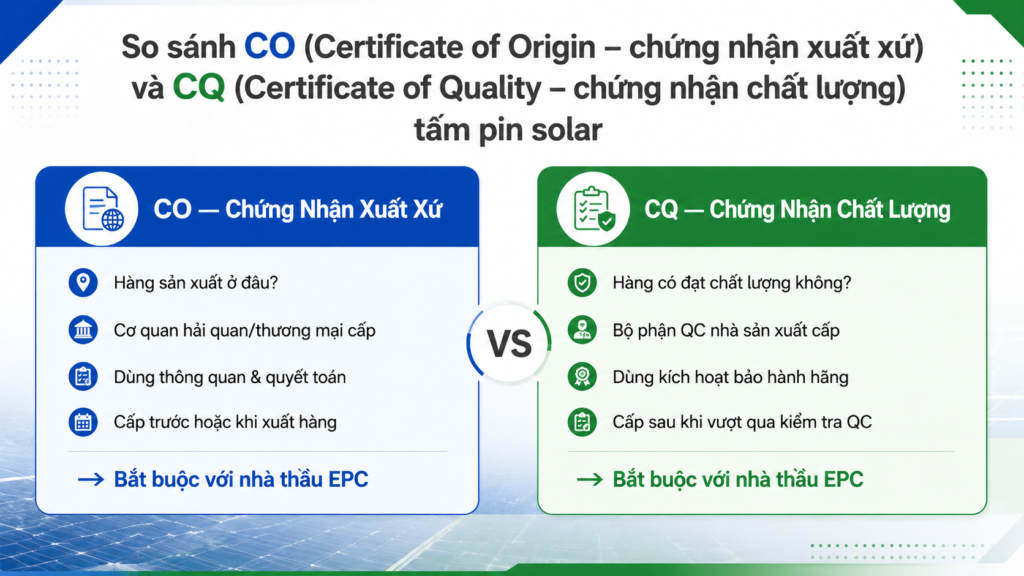 So sánh CO (Certificate of Origin – chứng nhận xuất xứ) và CQ (Certificate of Quality – chứng nhận chất lượng) tấm pin solar – cả hai đều bắt buộc với nhà thầu EPC khi mua số lượng lớn