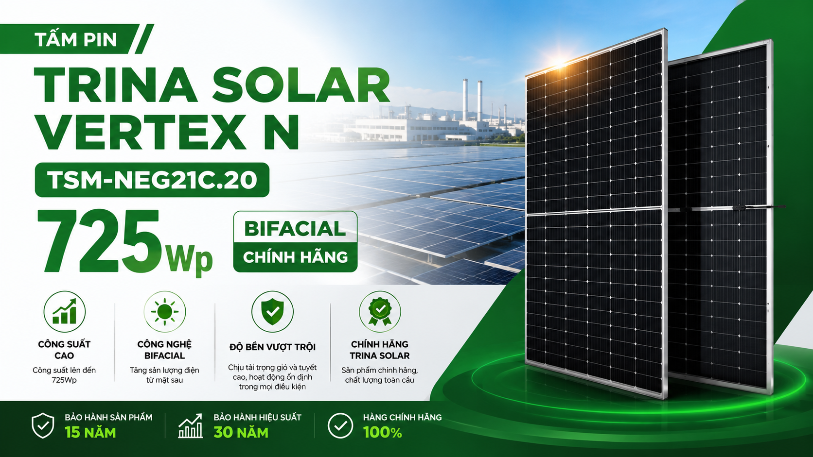 Mua tấm pin Trina Solar Vertex N TSM-NEG21C.20 725Wp bifacial chính hãng – kho Etek Power Hà Nội, giao ngay