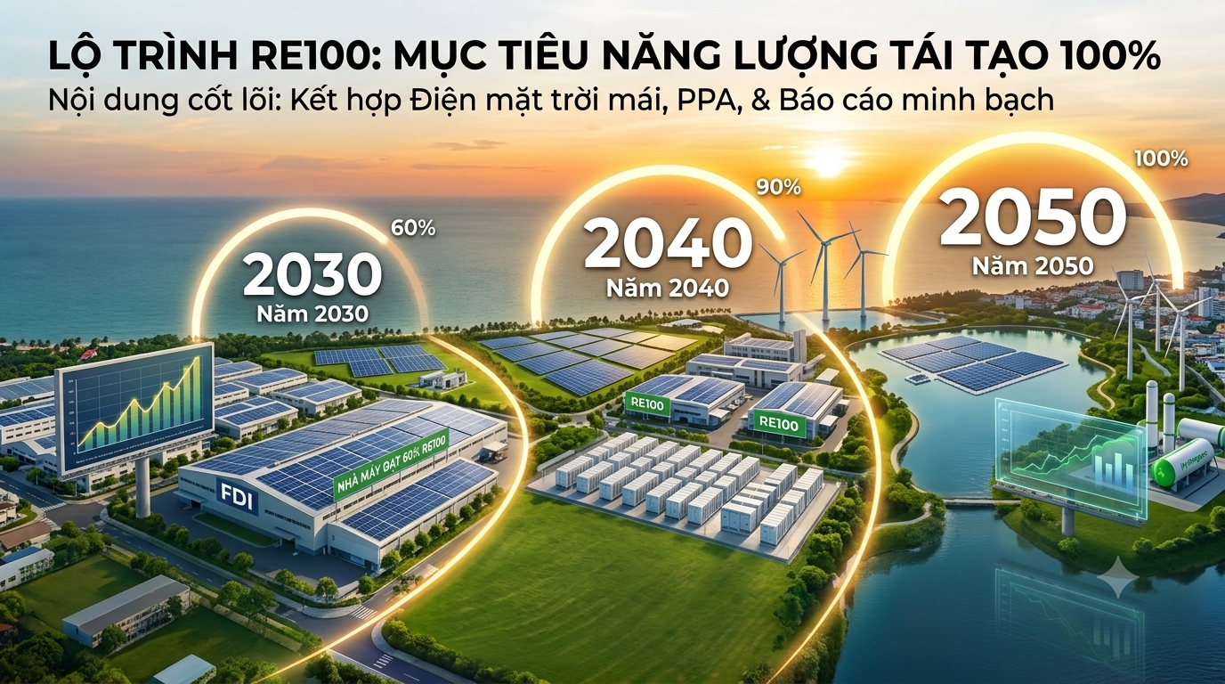 Mốc RE100: 60% năm 2030, 90% năm 2040, 100% năm 2050